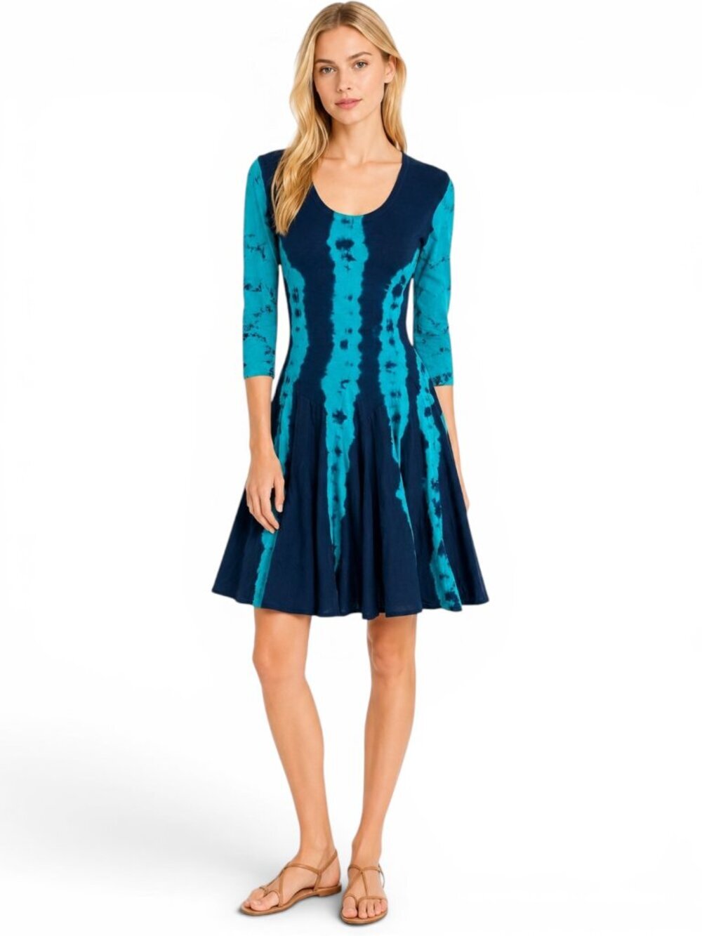 Luna Luz Navy Blue Turquoise Teal Tie Dye A-Line Full Skirt Scoop Neck Dress S